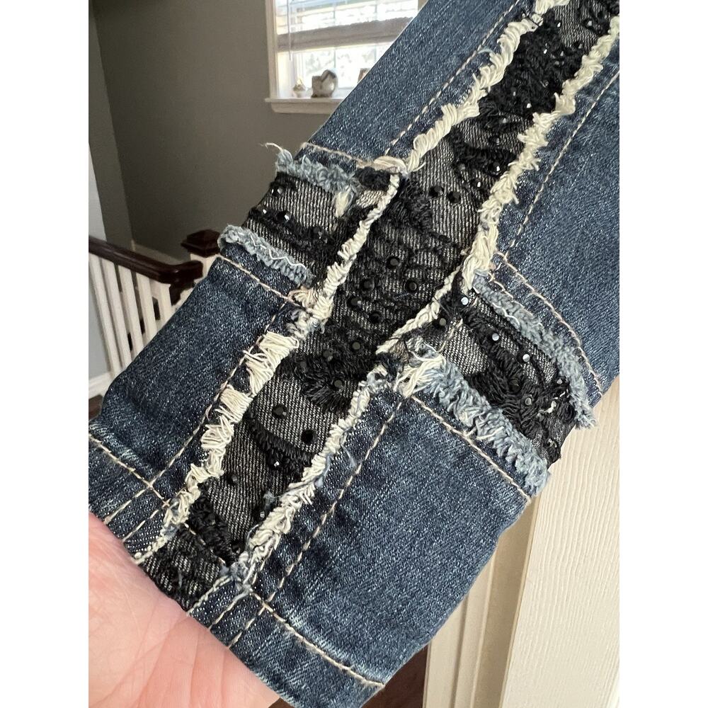 ETHYL Vintage Y2K Blk Net Embroidered Rhinestone Fitted Denim Jean Jacket Sz M - Picture 4 of 12